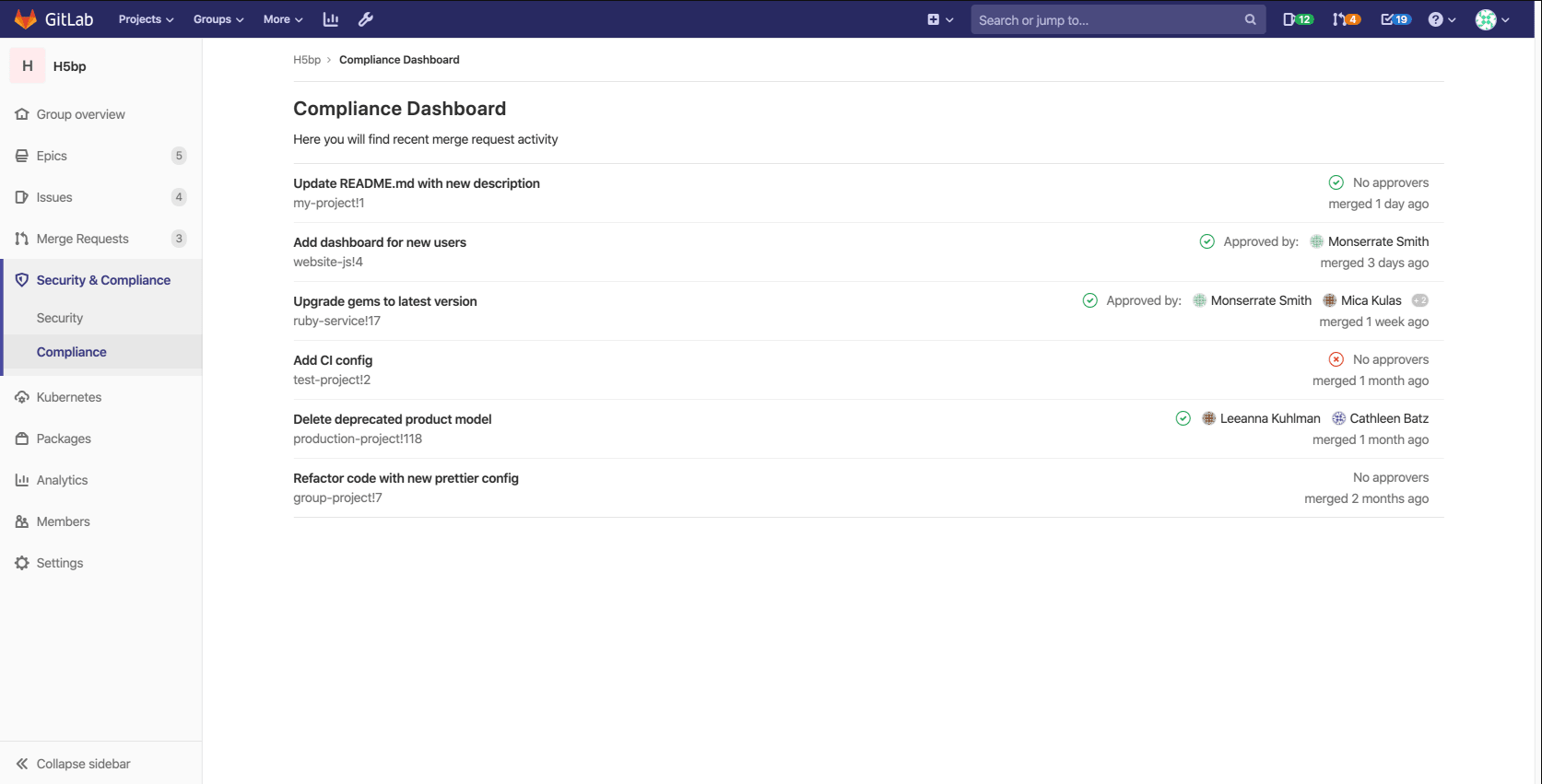 Compliance dashboard shows pipeline result for the most recent, merged MR