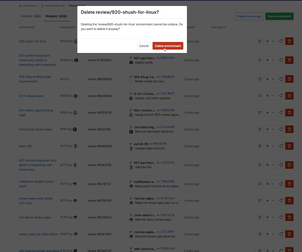 Use GitLab UI to delete an environment
