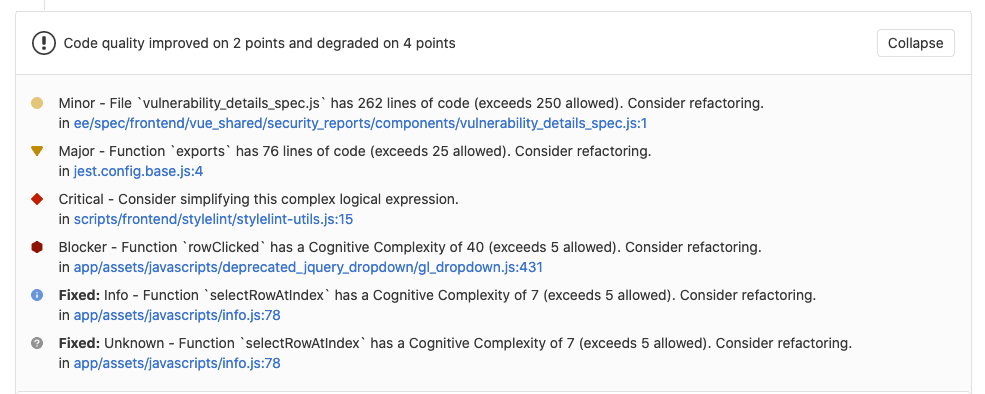 Display Code Quality severity ratings