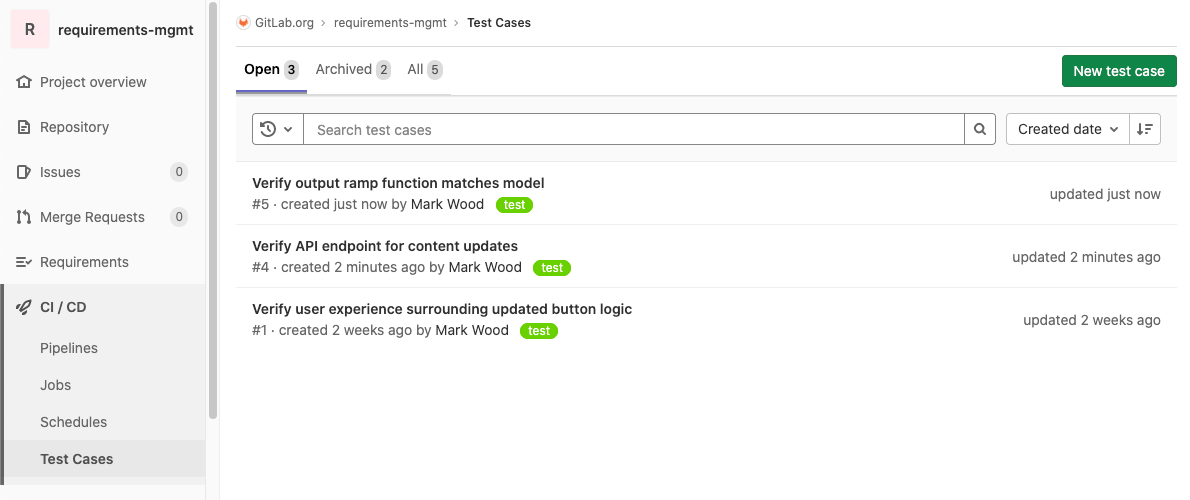 Define test cases in GitLab