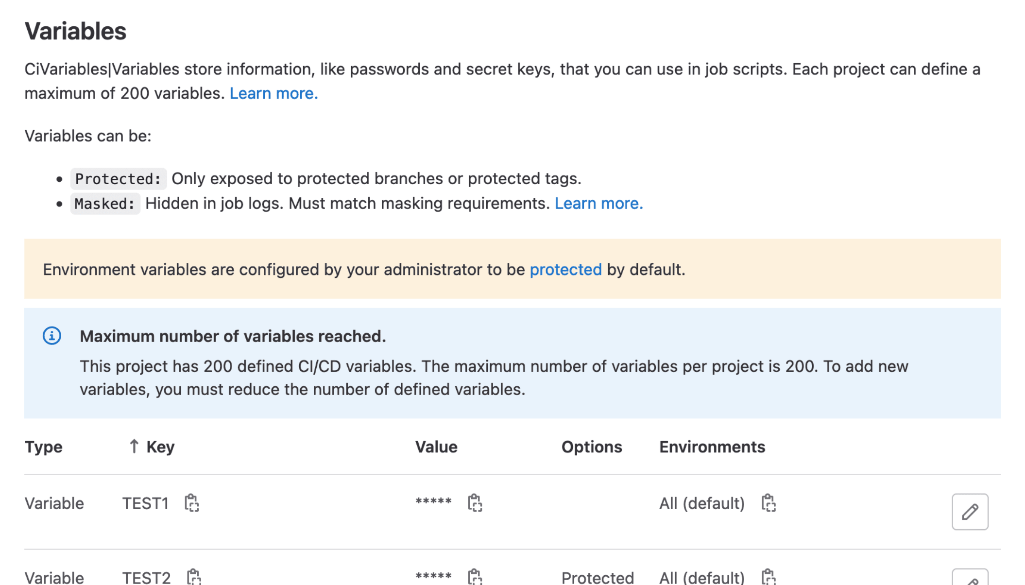 Limit the number of project or group CI/CD variables to 200