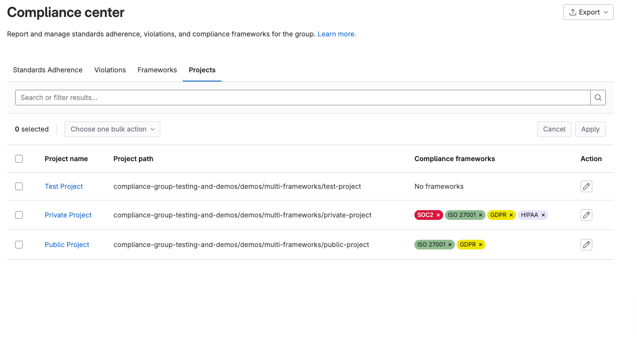 Add multiple compliance frameworks to a single project