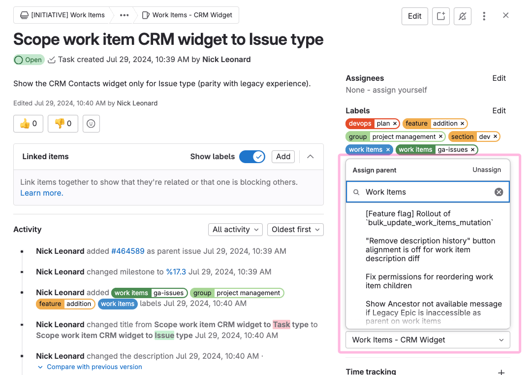 Set parent items for OKRs and tasks