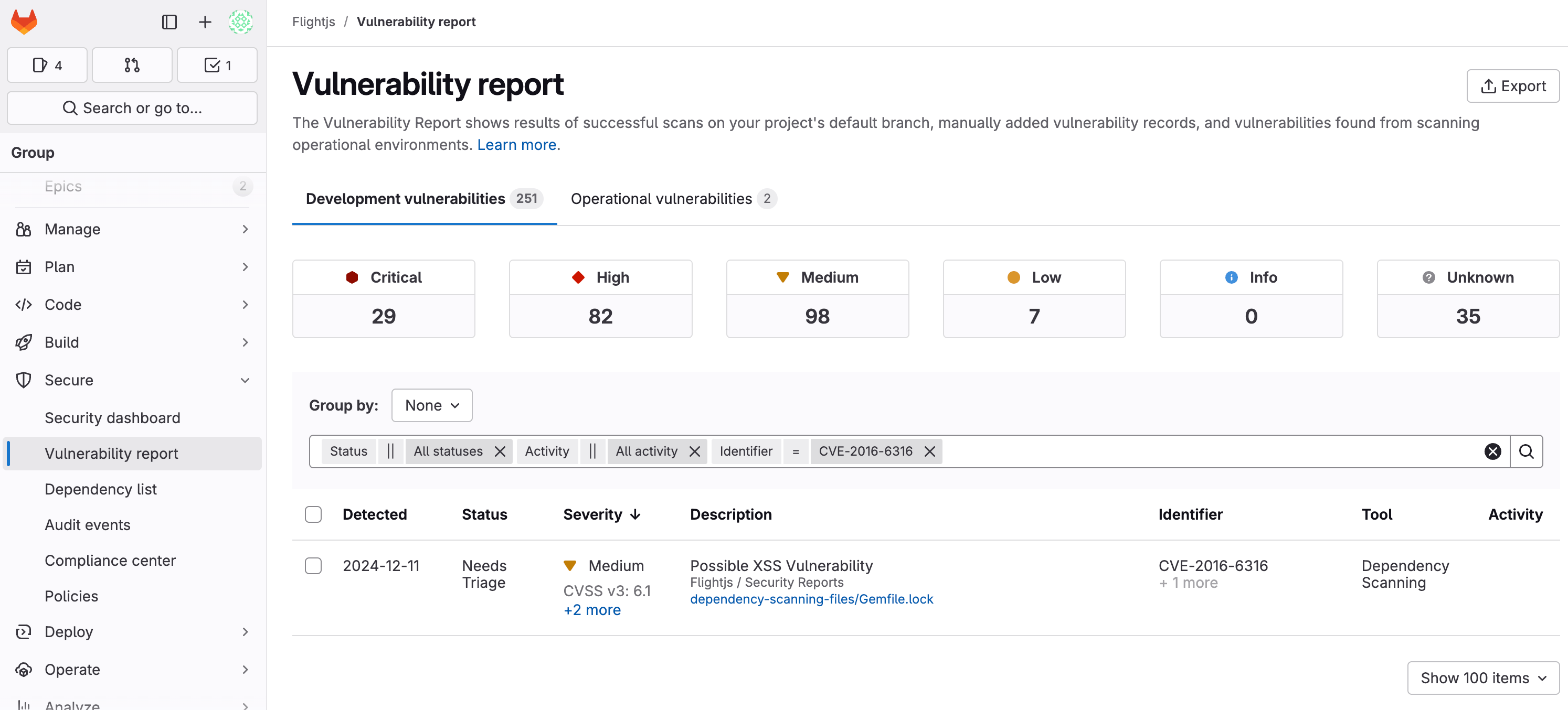 Filter by identifier in the project Vulnerability Report