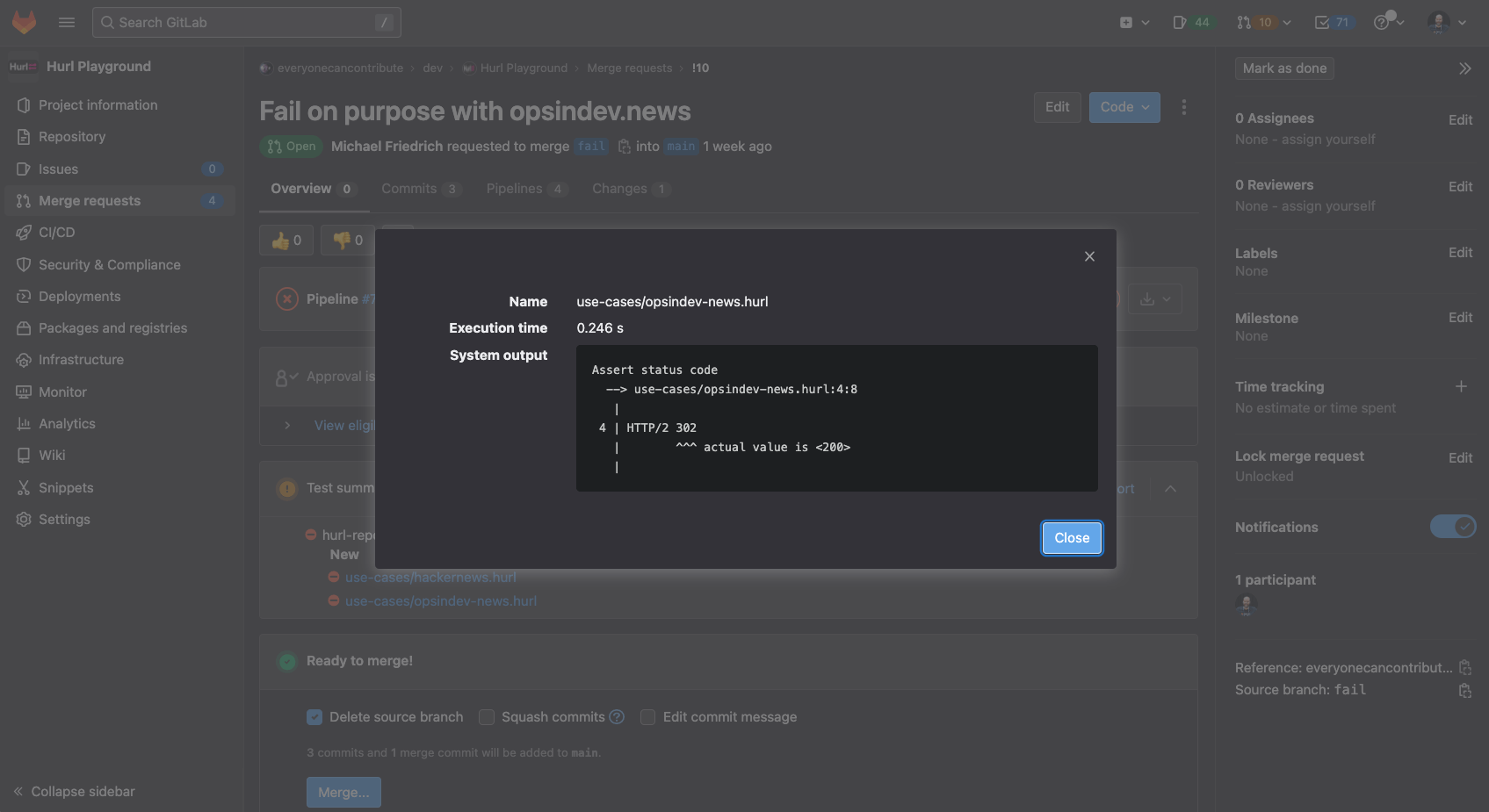 Hurl test report in JUnit format integrated into GitLab